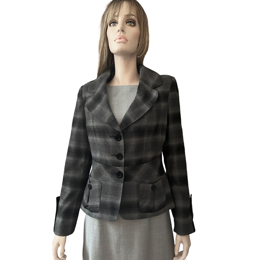Mario Serrani Italy Plaid Tartan Blazer Jacket Rayon Blend Grey Black Check - Picture 2 of 16
